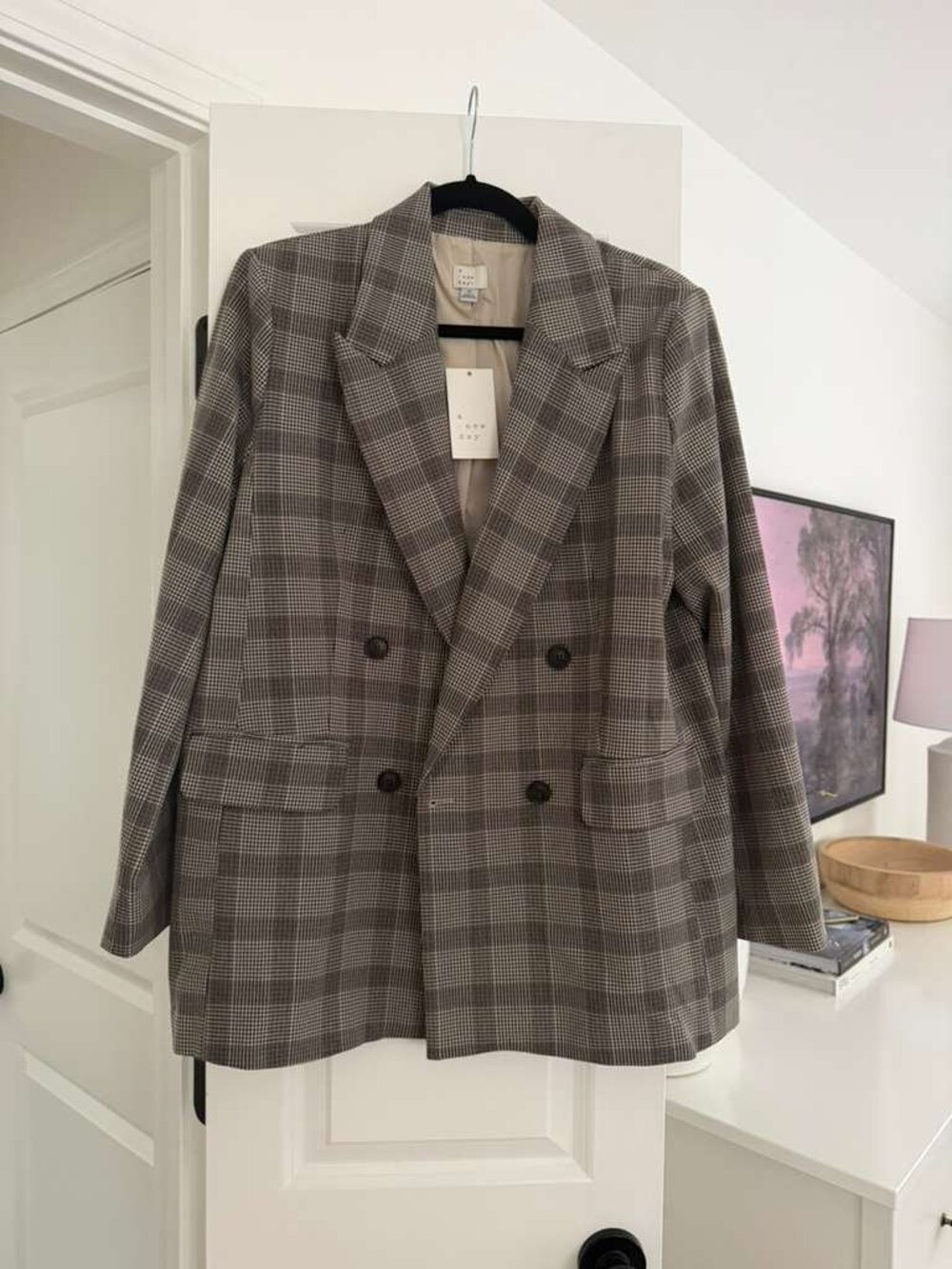 NWT A New Day Blazer Women Medium Brown Plaid Double Breasted Oversized Academia - Picture 3 of 3